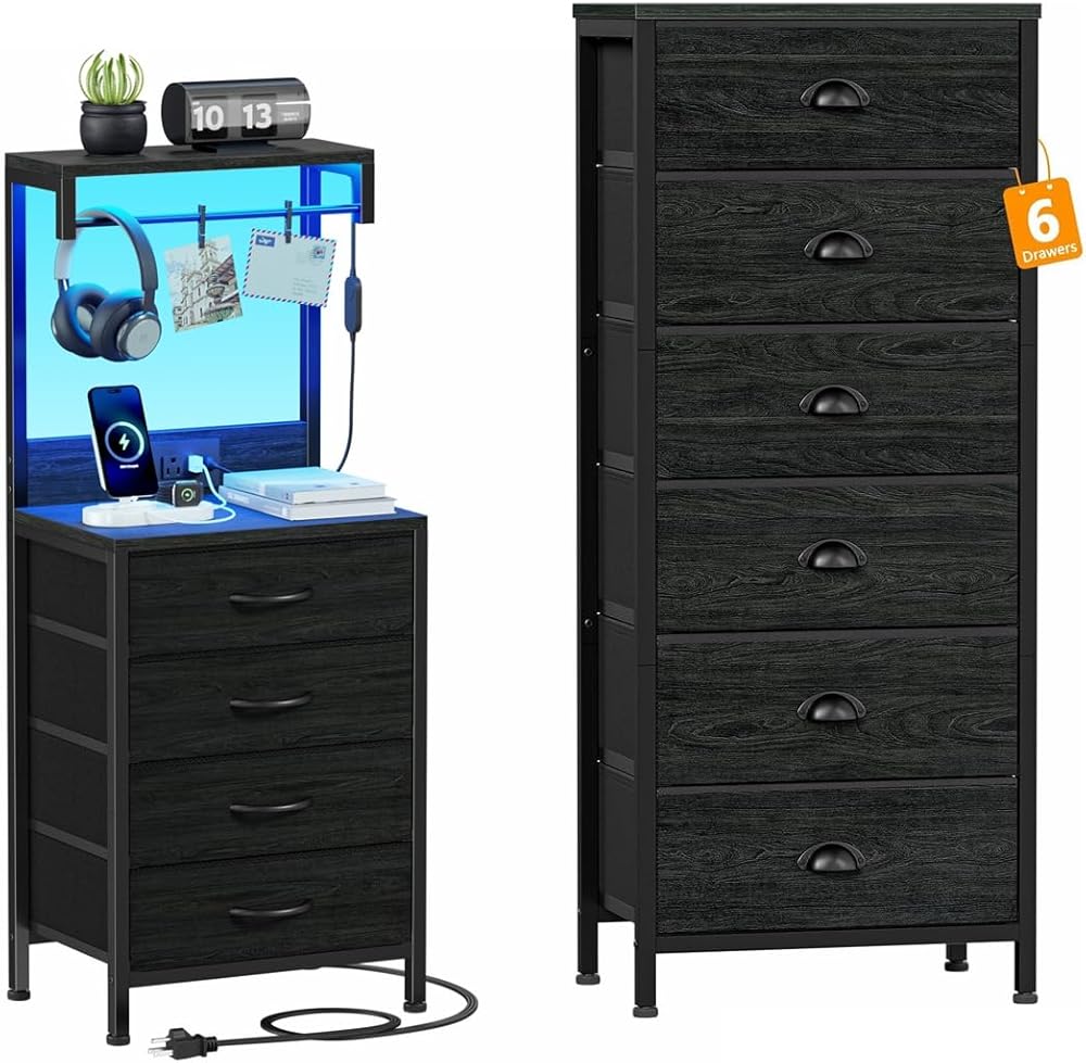 Furnulem Tall Dresser with 6 Drawers, Bedside Table with Storage Shelves, End Side Table for Bedroom, Office