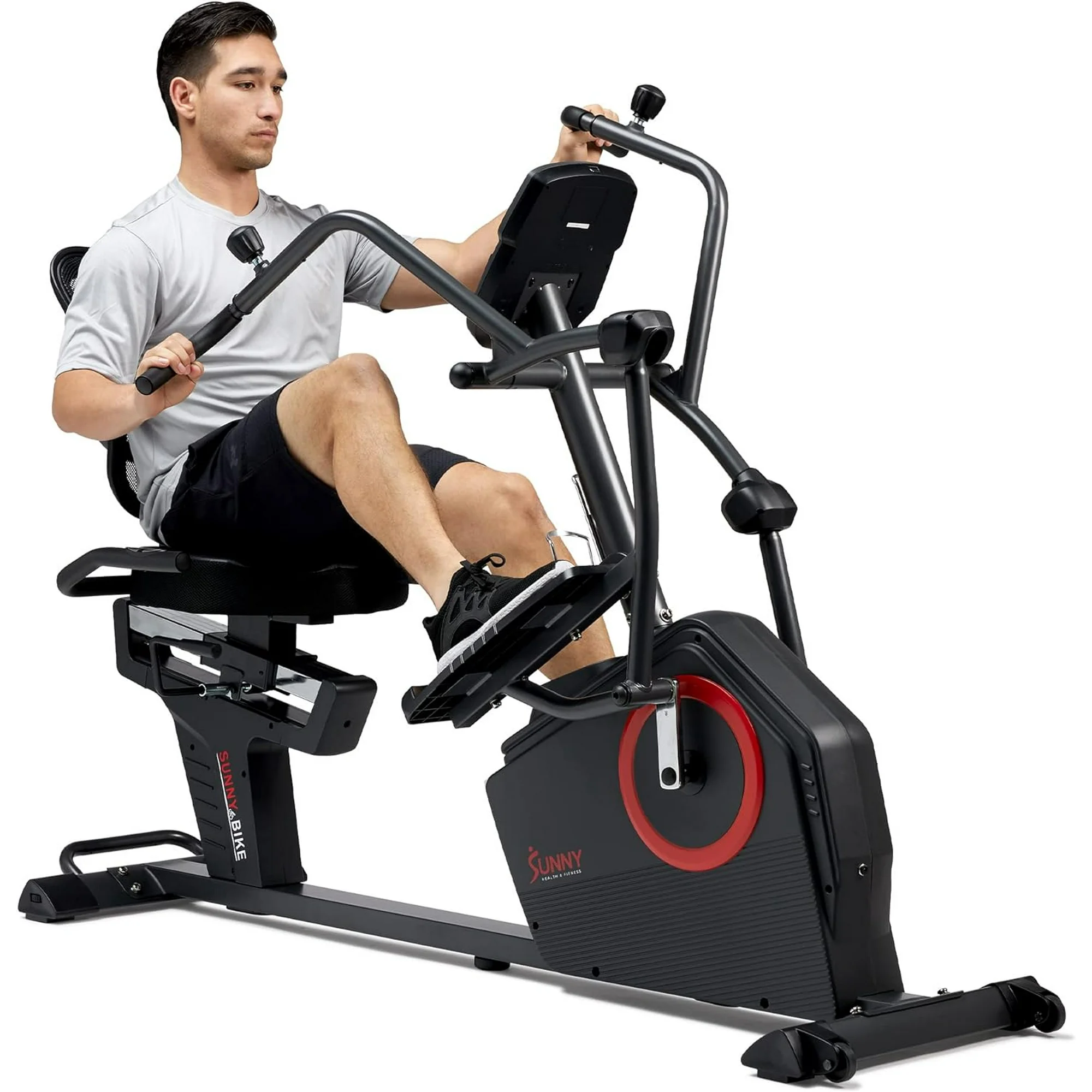 Sunny Health & Fitness Electromagnetic Recumbent Cross Trainer Exercise Elliptical Bike w/Arm Exercisers, Easy Access Seat & Exclusive SunnyFit App Enhanced Bluetooth Connectivity - SF-RBE4886SMART