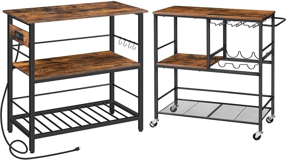 HOOBRO Kitchen Island with Storage and Bar Cart Bundle, for Home, Kitchen and Dining Room, Rustic Brown BF021ZD01-BF21TC01G1