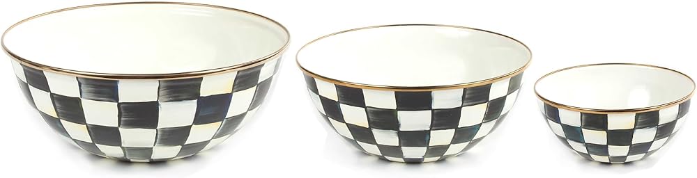 MACKENZIE-CHILDS Enamel Mixing Bowl Set, Small 5-Cup, Medium 10-Cup, and Large 16-Cup Serving Bowls for Entertaining, Set of 3, Black-and-White Courtly Check