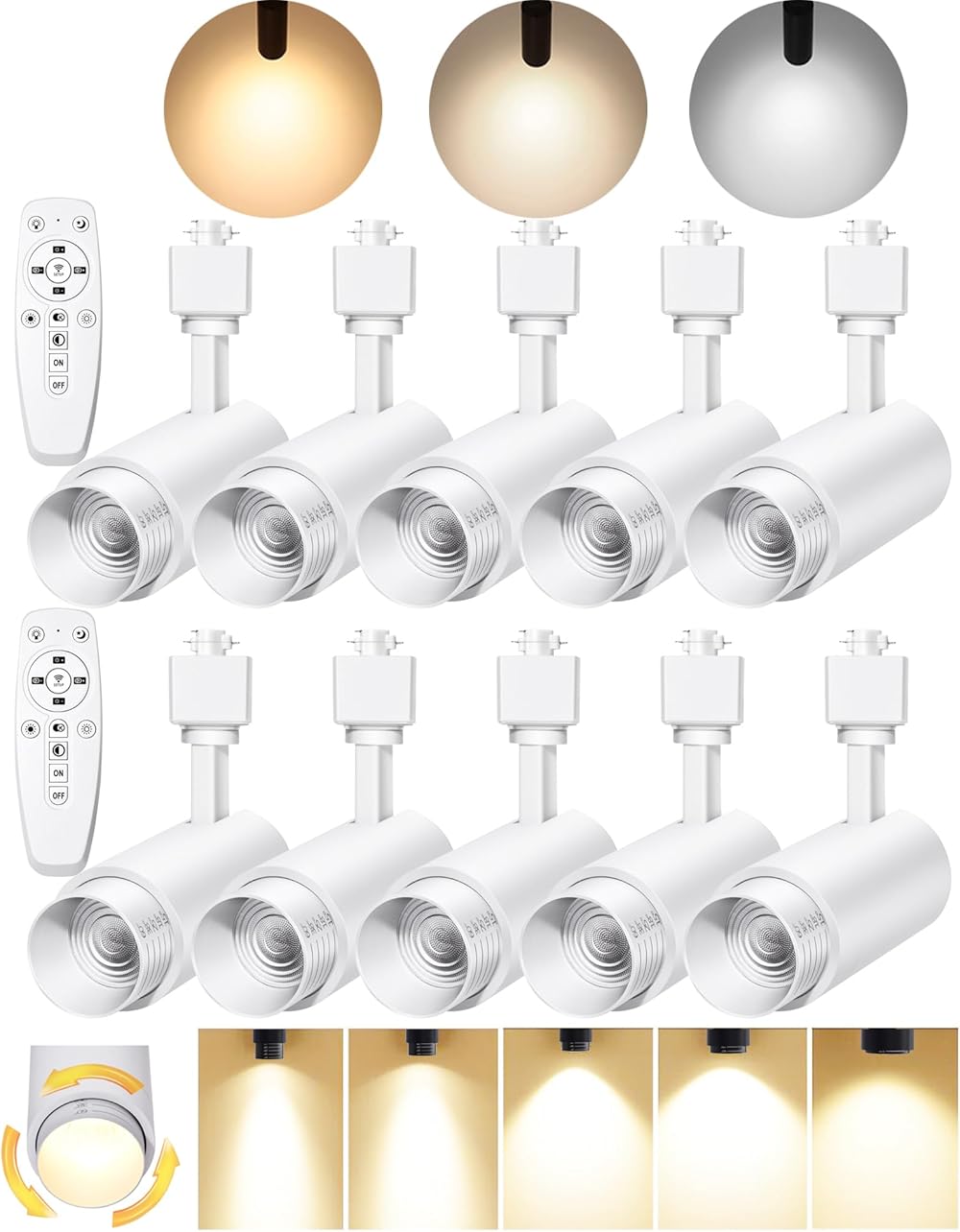 12W LED Track Lighting Heads,2700K-6500K Stepless Dimming H Type Dimmable Rail Ceiling Track Lights Fixtures for Kitchen,Flicker Free 15° to 60° CRI90 1200LM,White 10 Pack