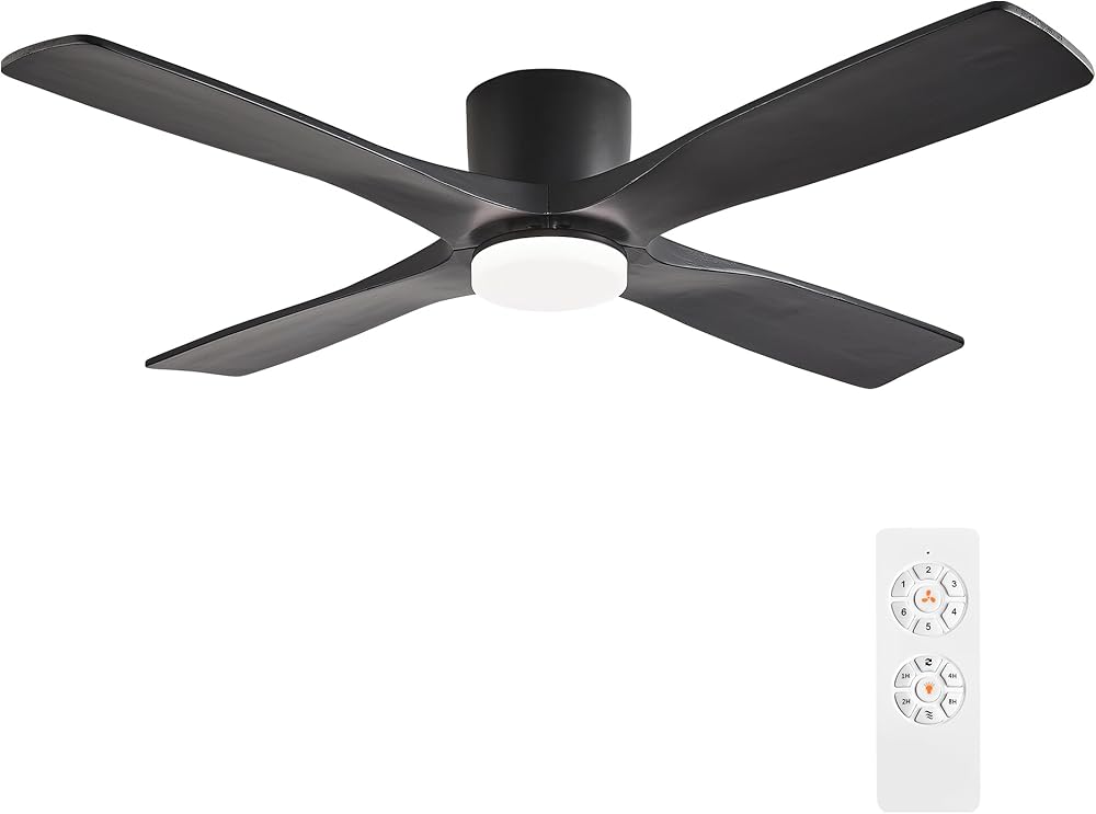 WINGBO 54 Inch Flush Mount DC Ceiling Fan with Lights and Remote, 4 Reversible Carved Wood Blades, 6-Speed Noiseless DC Motor, Hugger Ceiling Fan in Black Finish, Low Profile Ceiling Fan, ETL Listed