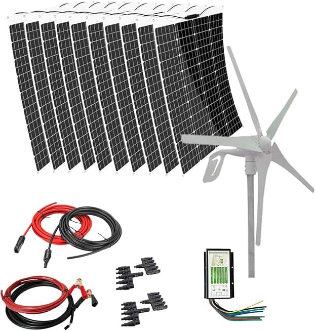 1600W Solar Wind Hybrid Kit 10PCS 120W Monoctrystalline Module+400W Wind Turbine for RV Boat Cabin Tent Caravan 12V/24V Battery Charger