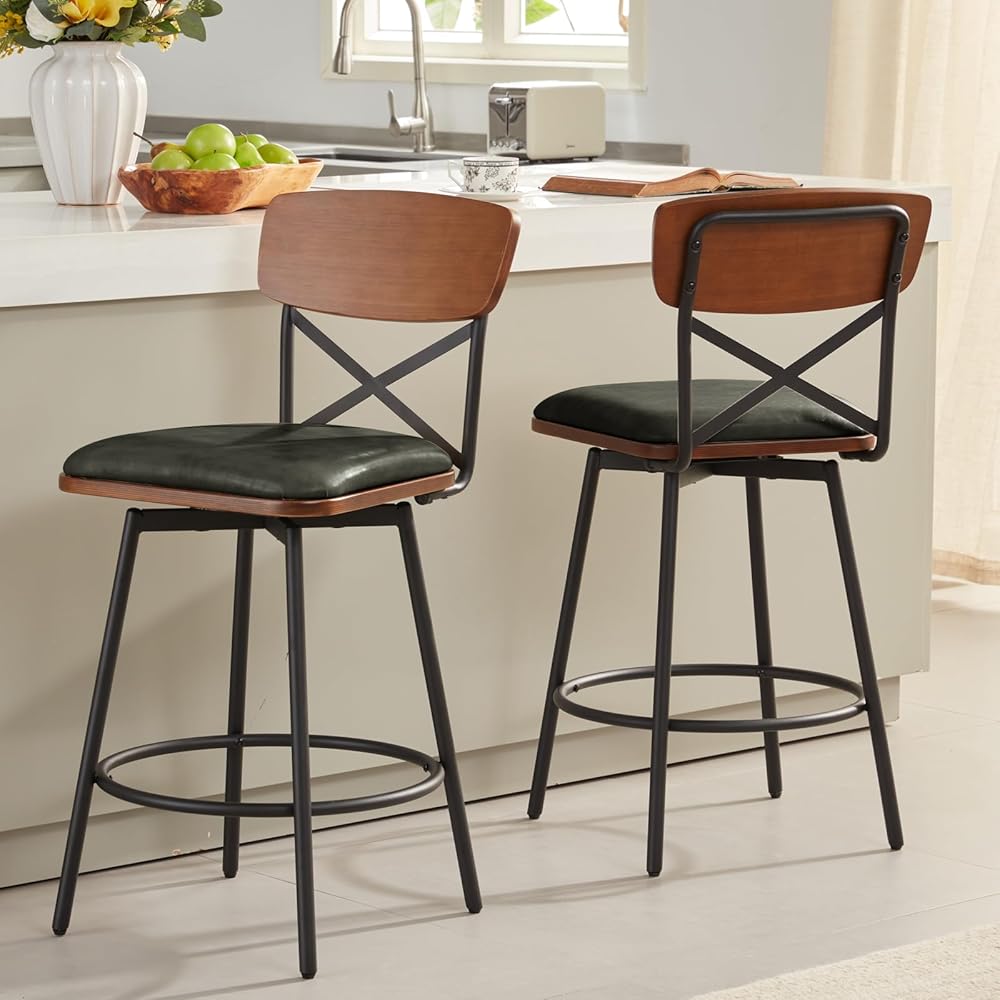 Swivel Counter Height Bar Stools Set of 2, Upholstered Barstools with Back for Kitchen Island, 26