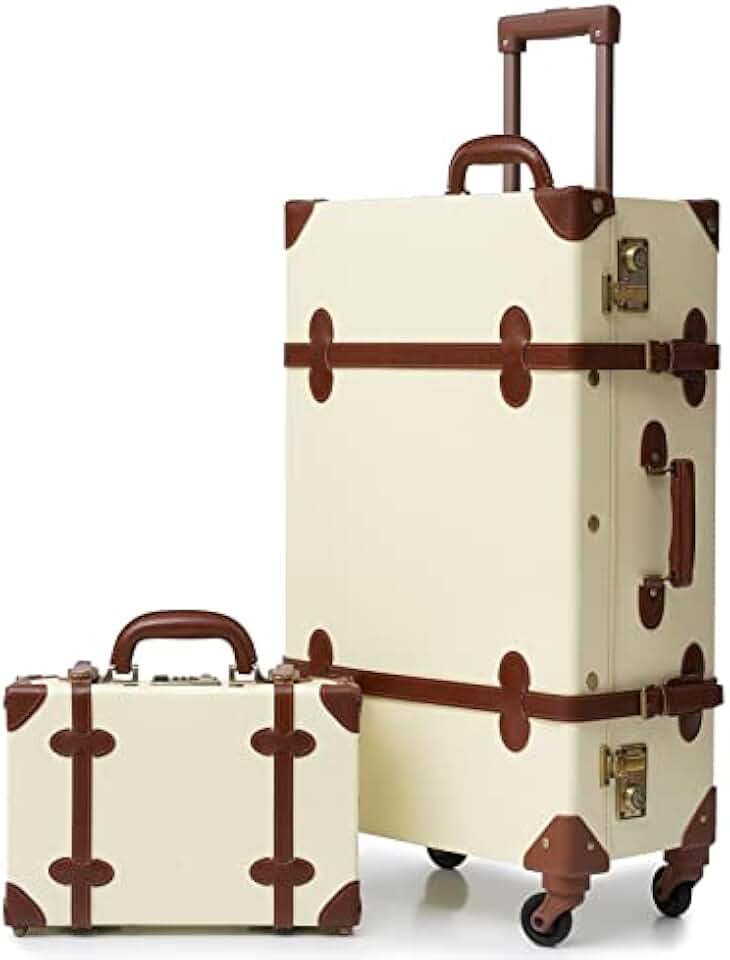 2 Piece Cute Vintage Luggage Set, Retro Suitcase with Handheld Case, TSA Lock, Spinner Wheels, Ivory White, 26