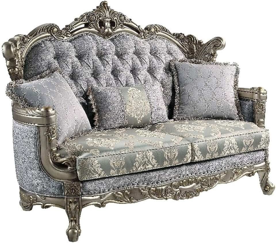 Acme Furniture Miliani Tufted Fabric & Wood Loveseat with 3 Pillows in Gray