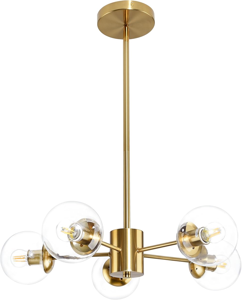 5-Light Globe Sputnik Chandelier Gold Mid Century Sputnik Chandeliers Dimmable Globe Pendant Light Brushed Brass Finished with Clear Globe Glass Lampshade Sputnik Chandeliers for Dining Room