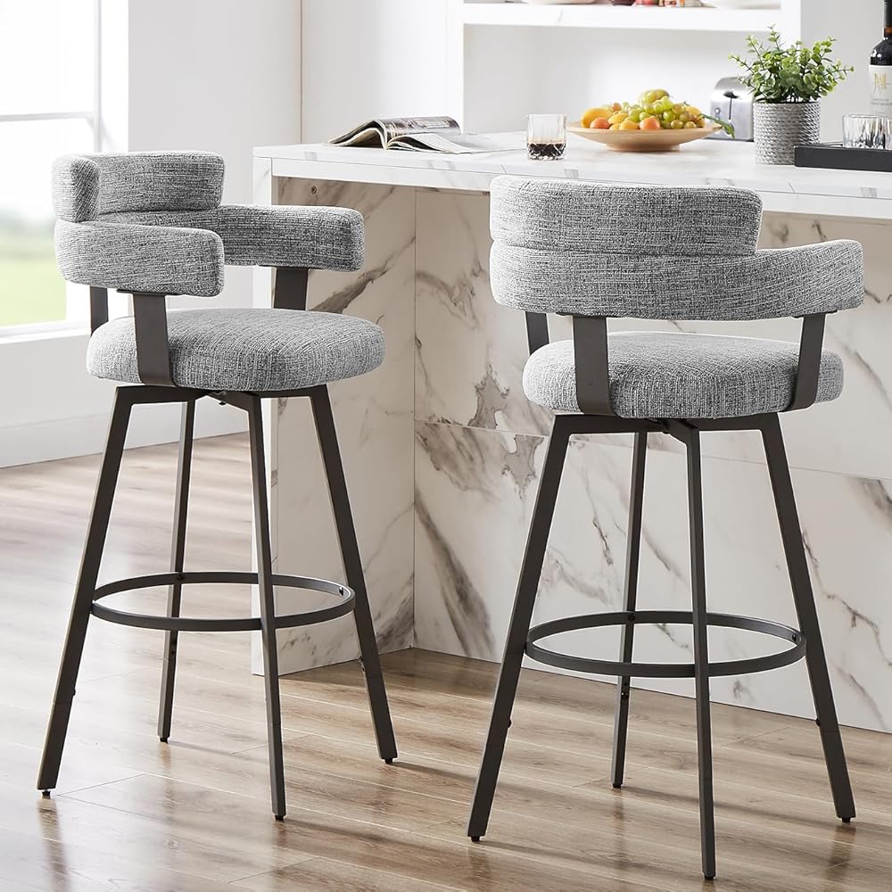 Counter Height Bar Stools with Full Back-Swivel Bar Chairs Modern Barstools set of 2 with Linen Padded Back,Metal Footrest for Island Kitchen Dining Living Room,Grey 30 inch