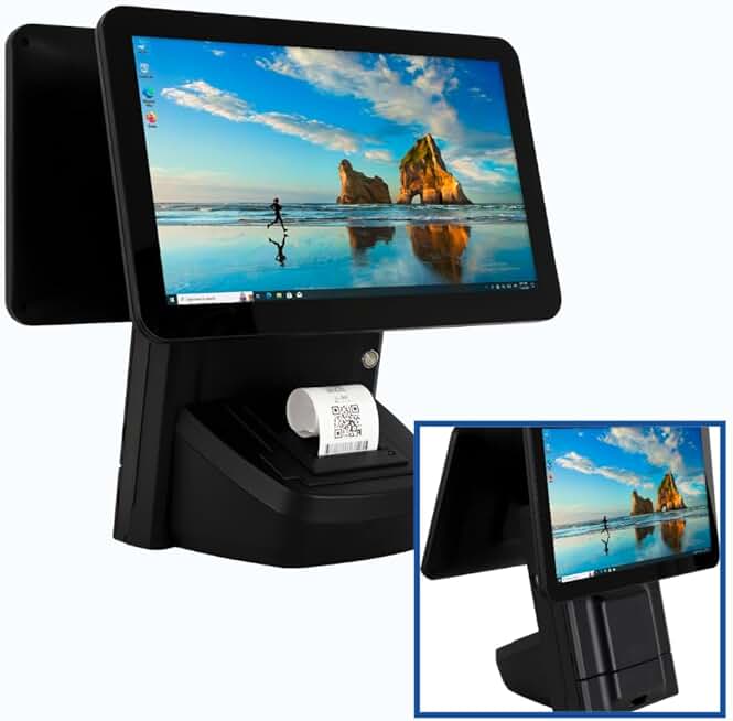 All in One Point of Sale M9W with 15.6'' Dual Touch Screen. Windows 10 OS and an i3 processor. Touch Pos with 58mm Thermal Printer for Receipts Wi-fi, 4GB RAM and 64GB ROM. (Black)