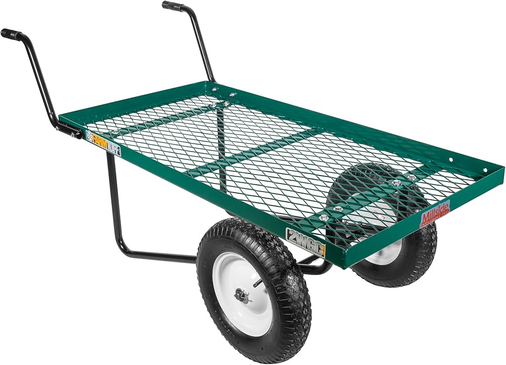 Farm Tuff Durable Two Wheel Metal Utility Push Cart with Pneumatic Tires for Outdoor Hauling, Green, 24
