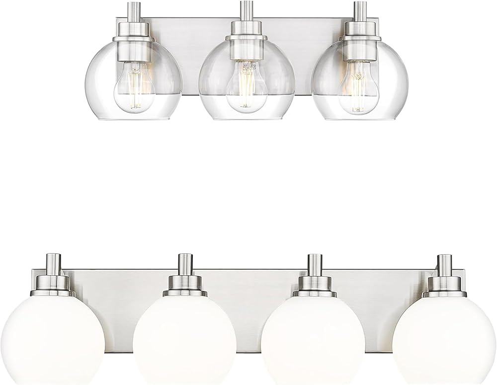 Bathroom Light Fixtures 3-Light with Globe Clear Glass Shade and 26-Inch 4-Light with Globe Milk White Glass Shade, Modern Wall Sconces Brushed Nickel Vanity Light Over Mirror, VL195