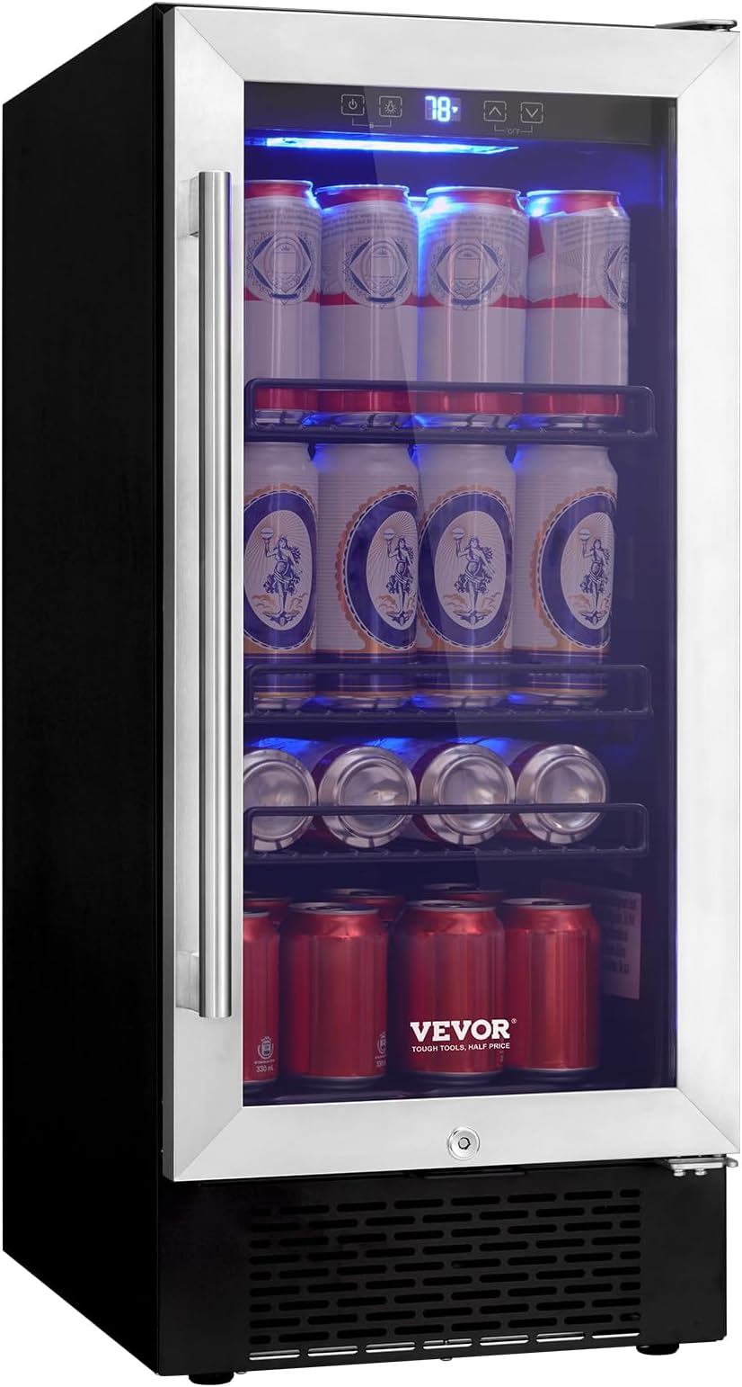 VEVOR 15” Beverage Refrigerator, 96 Cans Under Counter Built-in or Freestanding Beer Fridge, Blue LED Light, Adjustable Shelves, Child Lock, ETL