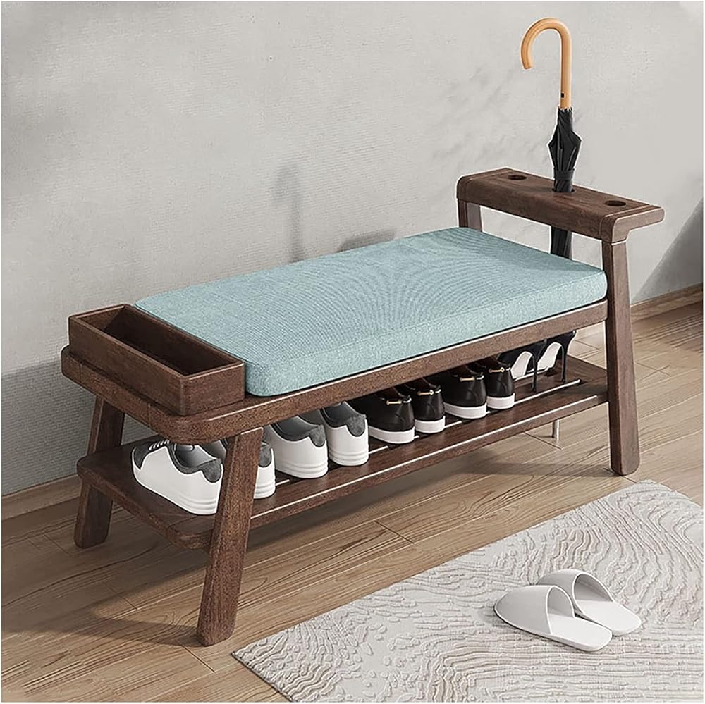 Shoe Storage Bench Entryway Hallway Furniture, Solid Wood Shoe Bench with Storage Box Entryway Storage Organizer with Umbrella Stand Household Shelf Shoe Bench with Cushion