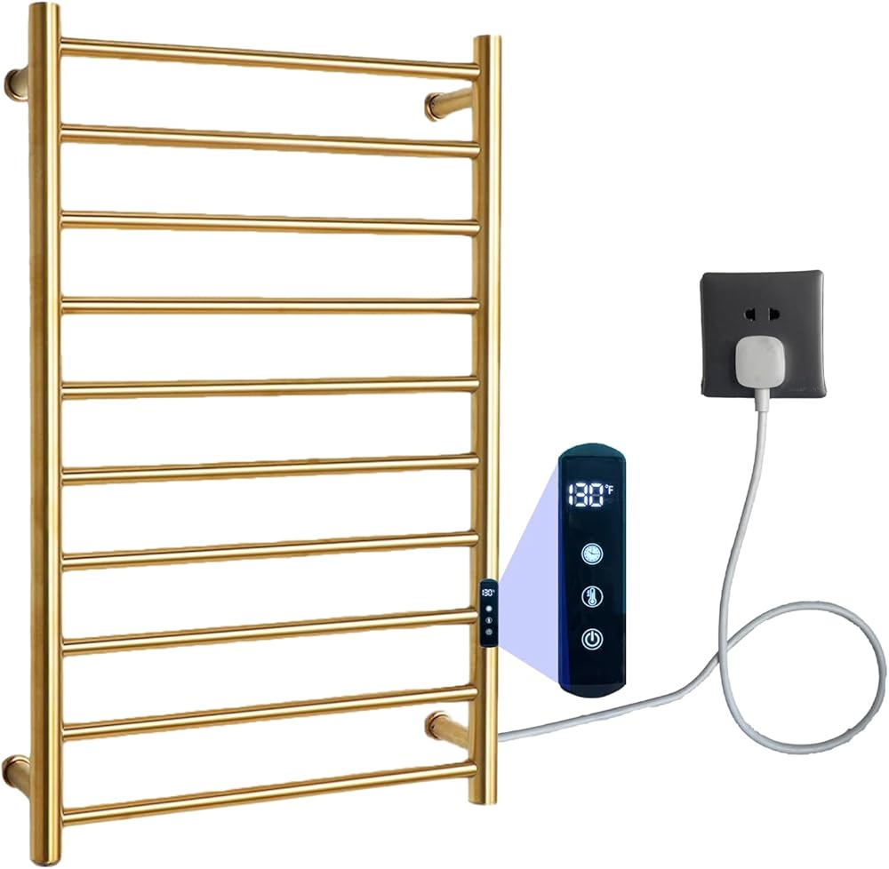 Towel Warmer Luxury Wall Mounted Heated Towel Rack, 10 Bars Towel Warmers for Bathroom with Timer & Temperature Multi-Level Adjustable, Hardwired and Plug-in Options (Plug-in, Brushed Gold)
