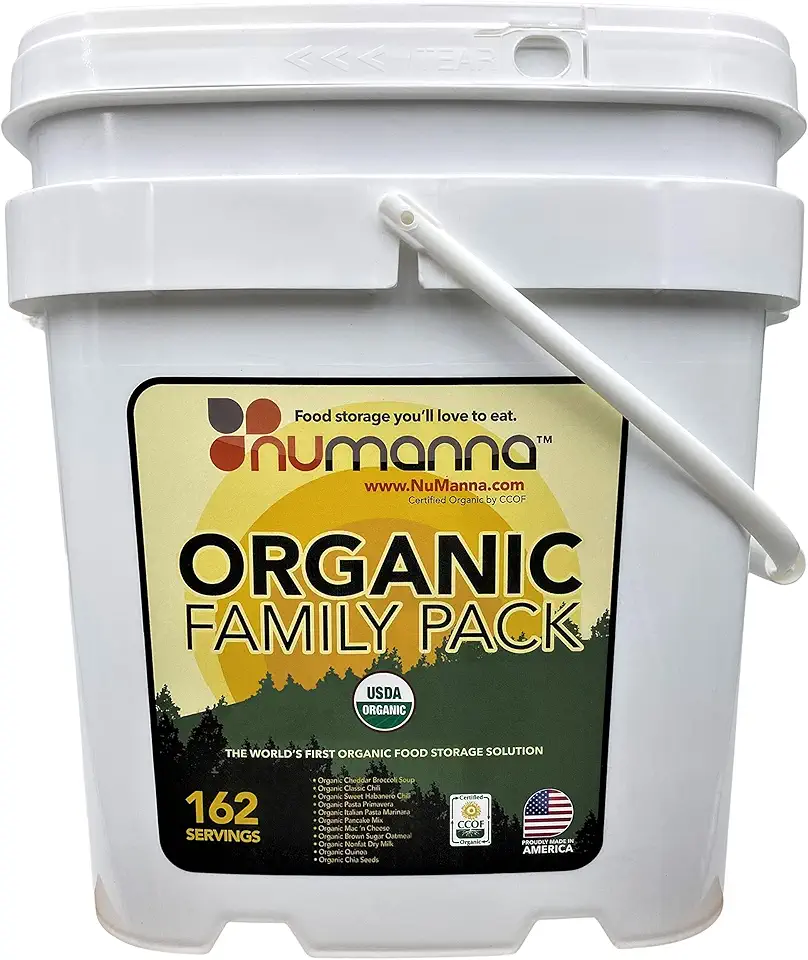 NuManna USDA ORGANIC Family Pack 162 Servings, Emergency Survival Food Storage Kit, Separate Rations, in a Bucket, Meals Included Have 25 Year Shelf Life, GMO-Free (Single)