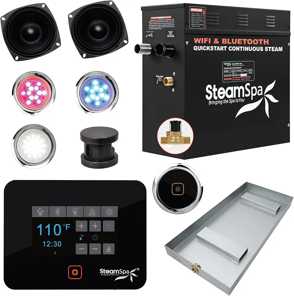 Steam Shower Generator Kit System | Matte Black Shower Head + Self Drain Combo| Enclosure Steamer Sauna Spa Stall Package | Touch Screen Wifi App/Bluetooth Control Panel