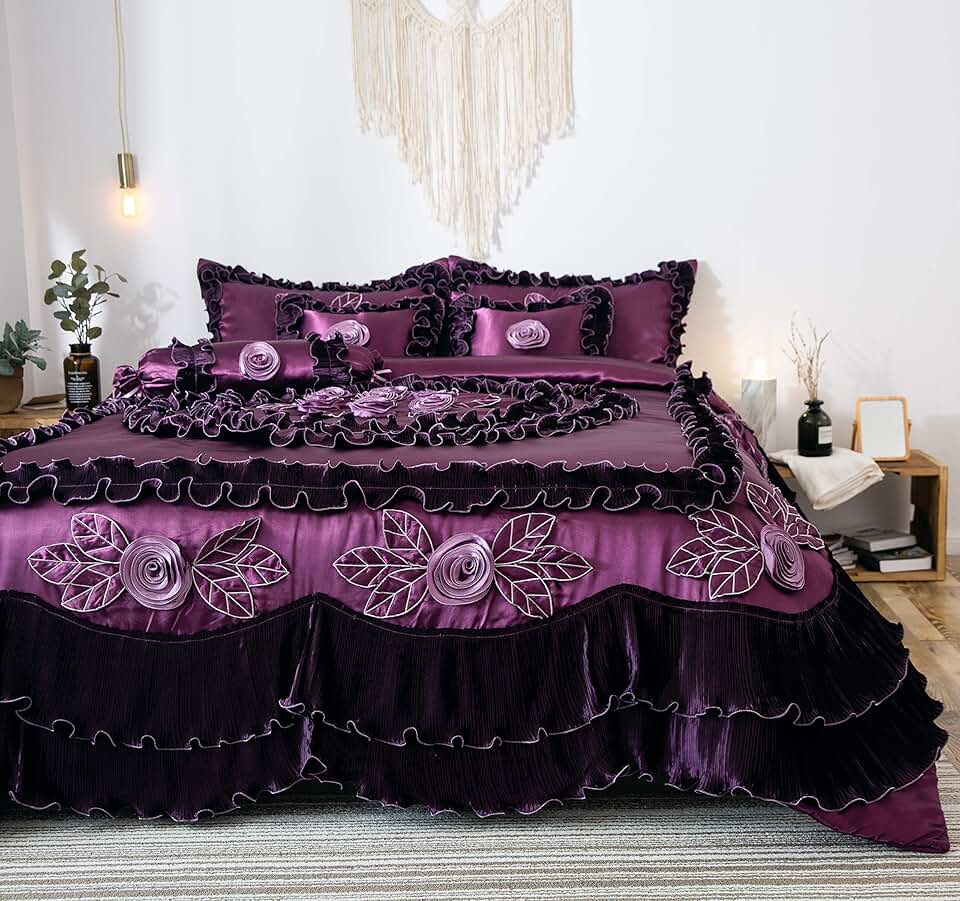 Tache Satin Purple Floral Ruffle Victorian Glam Midnight Bloom 6 Piece Comforter Set, King