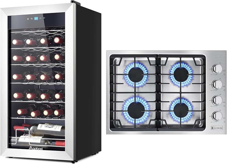 AAOBOSI 30 inch Gas Cooktop, Gas Stove Top with 46,000 BTUs 4 Burners NG/LPG Convertible, Wine Fridge, 28 Bottle Wine Cooler 46-66℉ Beverage Wine Refrigerator, Glass Door Free Standing Wine Cellar