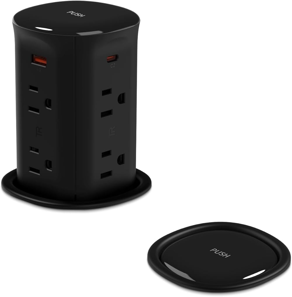 Pop up Outlet for Countertop,3-1/8 inch Hole Desk Grommet Power Station,20W USB C Fast Charging,8 Outlets 4-USB,Kitchen Island Pop Up Electrical Outlet,Office Power Supply,Black
