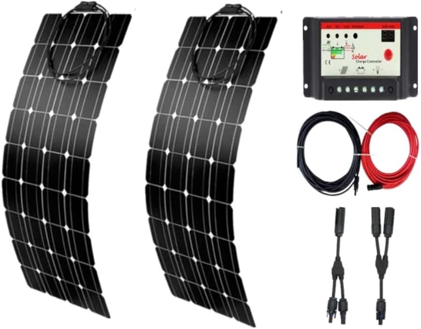 200 Watt Solar System Kit / 2 Pcs Solar Panel Bendable Flexible Solar Panel with Solar Charge Controller Cable Battery Charger for for RV Boat Cabin Tent Car, Off-Grid
