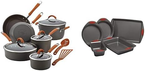 Rachael Ray Cookware Set, 12 Piece, Gray & Ray Nonstick Bakeware with Grips includes Nonstick Bread Pan, Baking Pan, Cake Pans and Cookie Sheet/Baking Sheet - 5 Piece, Gray with Red Grips