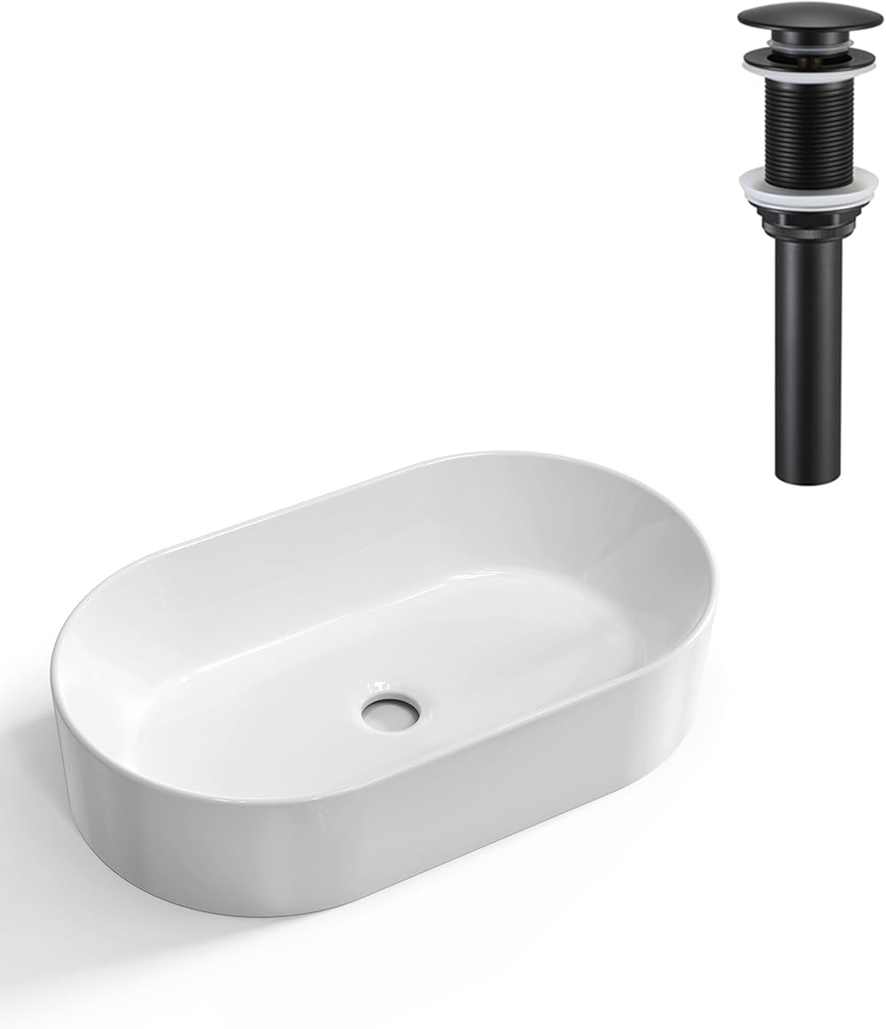 KES Oval Above Counter Ceramic Countertop Modern Sink Vessel Sink Lavatory Vanity Pop Up Drain Stopper, BVSO126+S2008D-BK-TEM