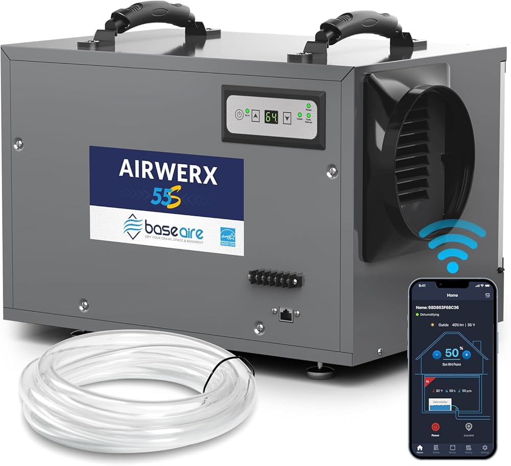 BaseAire 120 Pints Dehumidifier with WiFi for Crawl Spaces, Commercial, Basements, up to 1,300 sq. ft, Energy Star, Compact, Portable, Auto Defrost, Intelligent Humidity Control, Memory Starting