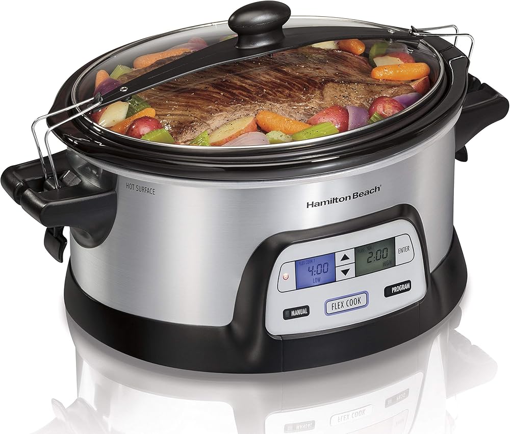 Hamilton Beach 33861 Programmable Slow Cooker, 6 Quart, Dual Digital Timer, Stainless Steel (Renewed)