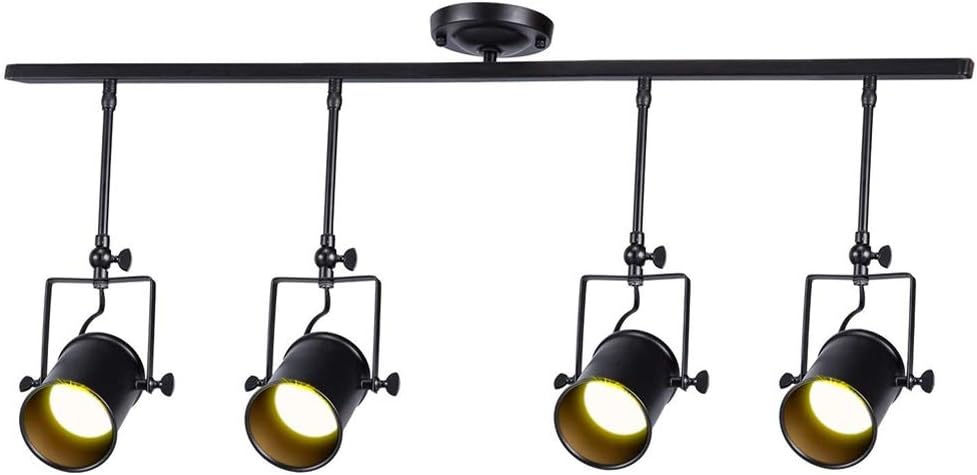 4 Lights Ceiling Complete Track Lighting Kits Vintage Industrial Spotlight, Retro Spot with 4 Adjustable Sockets Straight for Cafe Bar Dining Room Restaurant (Black) Fittings