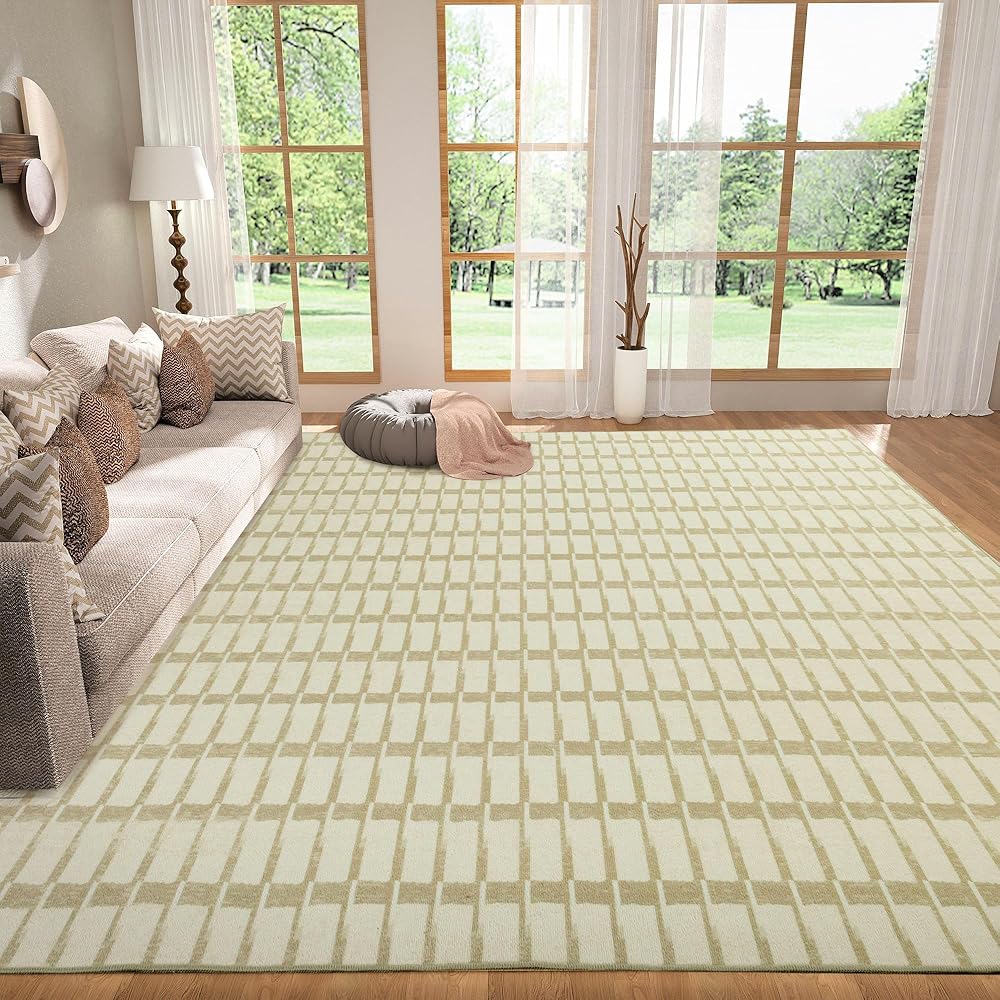 HOMBYS 10x14ft Modern Large Area Rug for Living Room Bedroom, Super-Thin Geometry Floor Carpet for Indoor Office Dining Room, Abstract Home Deco Non-Shedding, Khaki Beige, Machine Washable