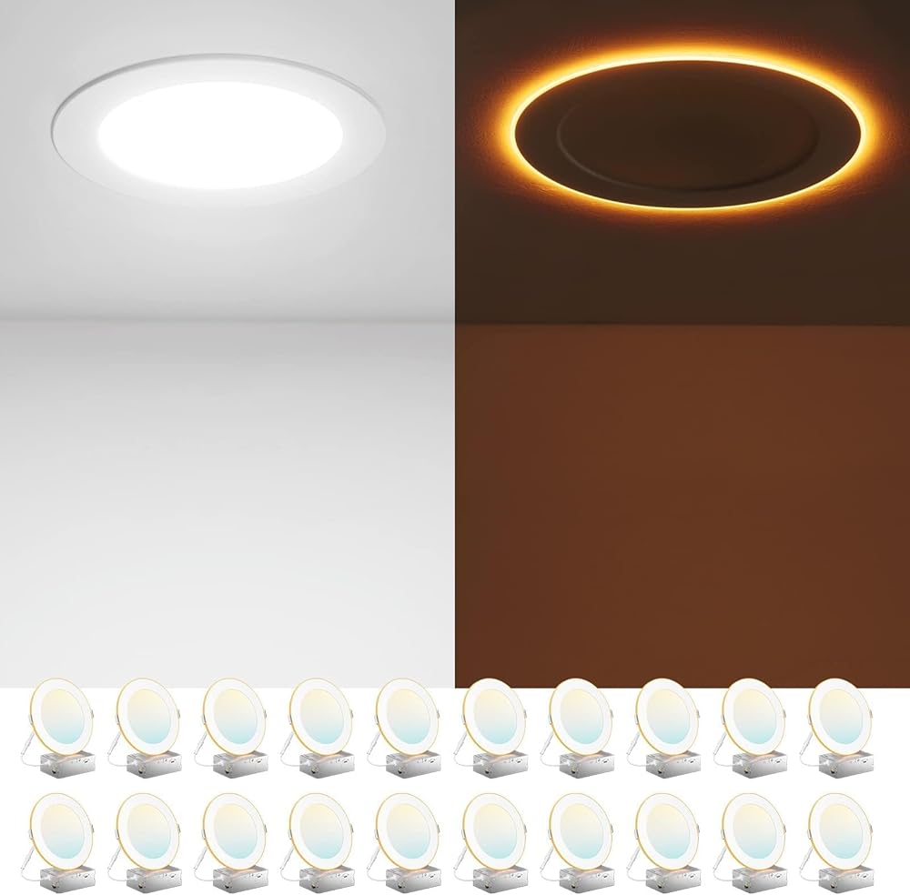 Amico 20 Pack 6 Inch 5CCT LED Recessed Ceiling Light with Night Light, 2700K/3000K/3500K/4000K/5000K Selectable Ultra-Thin Recessed Lighting, 12W=110W, 1100LM, Dimmable Canless Wafer Downlight ETL&FCC