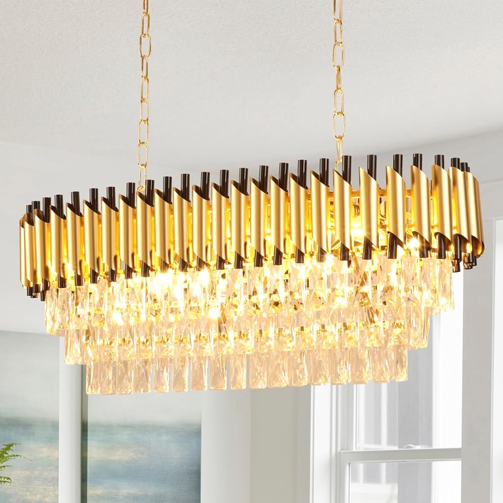 DLLT 31'' Modern Crystal Chandelier, Dining Table Black and Gold Hanging Ceiling Light, 8 Light Gold Crystal Flush Mount Chandelier, 6-Tier Adjustable Round Chandelier, 3000k E12 Bulbs Included