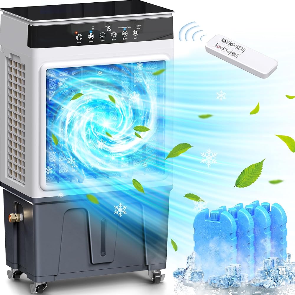 Swamp Cooler, 3800CFM 3-in-1 Evaporative Air Cooler with 7.6Gal Water Tank, 120° Oscillation, 3 Speeds 3 Modes, 12H Timer, Remote, 4 Ice Packs, Portable Air Conditioner for Indoor＆Outdoor