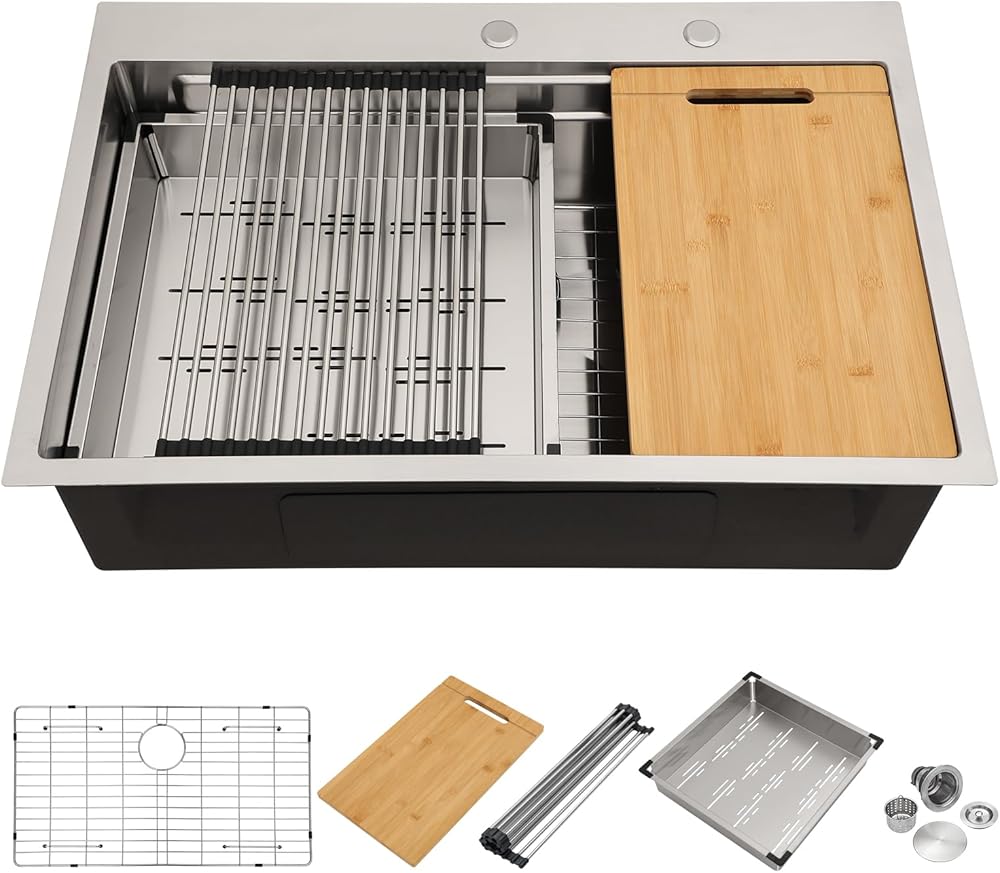 33 Drop In Kitchen Sink - Mocoloo 33x22 Inch Double Ledge Two Levels Workstation Sink Stainless Steel 16G Topmount Deep Single Bowl With Accessories