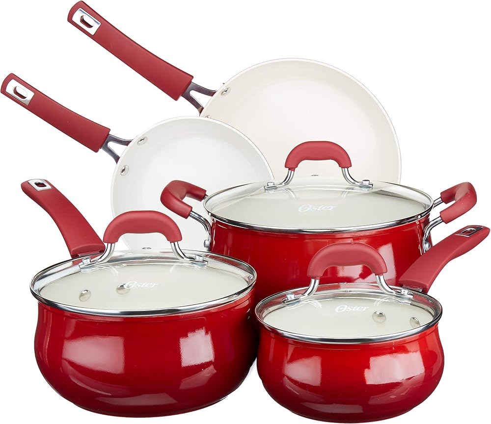 Oster Corbett Forged Aluminum Cookware Set with Ceramic Non-Stick-Induction Base-Soft Touch Bakelite Handle and Tempered Glass Lids, 8-Piece, Gradient Red