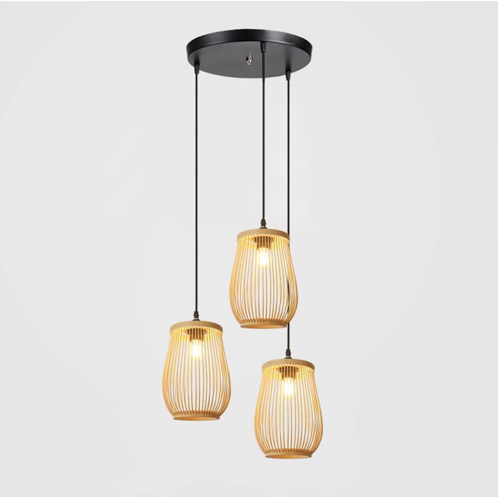 3-Light Cluster Pendant Lighting Fixture Hand Woven Bamboo Dining Table Chandelier, Natural Weave Ceiling Hanging Lamp, Kitchen Island Restaurant Suspended Lights