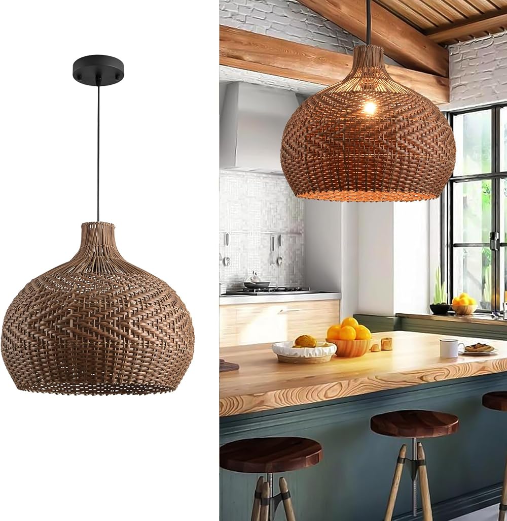 Rattan Light Fixture Pendant Light, Modern Hand Woven Coffee Rattan Ceiling Hanging Pendant Light for Kitchen Island Dining Room Living Room Farmhouse Home Decor D19.7 x H17.34 inches