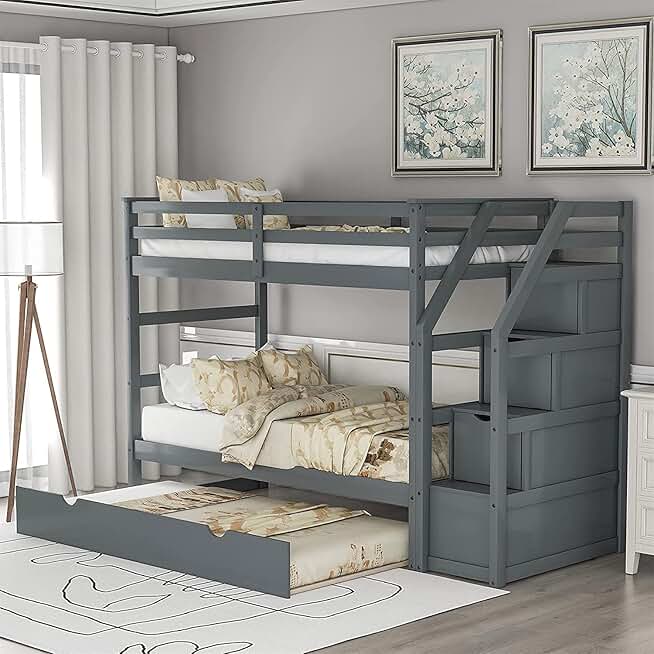 Twin-Over-Twin Bunk Bed with Trundle Bed, Wood Bunk Bed Frame with 3 Storage Stairs and Guard Rail, Space-Saving Design (Espresso) (Color : Grey with 3 Storage)