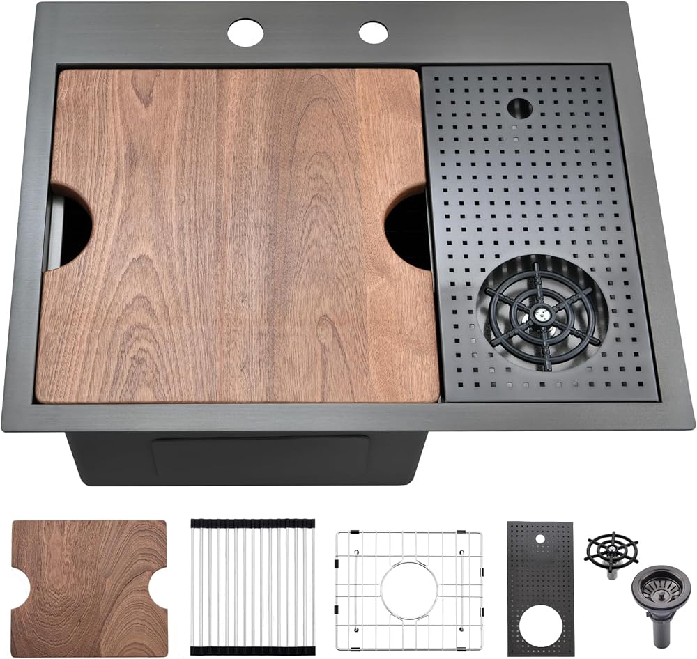 23 Inch Black Drop In Bar Sink With Glass Rinser 23×18 Top Mount Kitchen Sink Workstation Ledge 16 Gauge Gunmetal Balck Stainless Steel Bar Sink Single Bowl Kitchen Sink With Cup Washer Combo