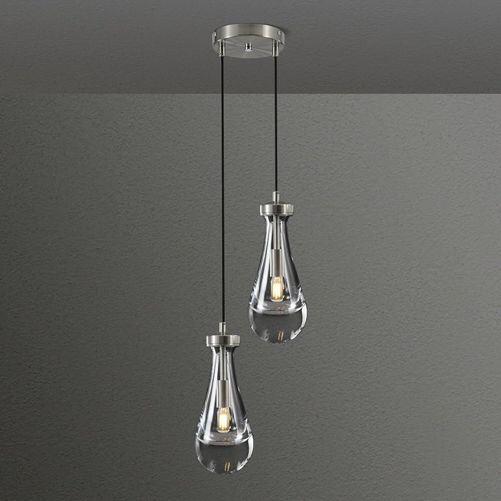 2-Light Raindrop Pendant Lights Kitchen Island, Nickel Hanging Pendant Lighting for Bedroom Cluster Pendant Light, Dining Room Lights Fixture Ceiling Chandelier for Foyer Hallway