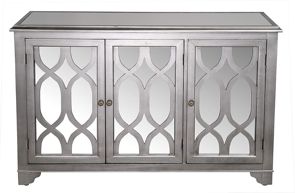 Wood/Glass Hannah w/3 Doors & Shelf, Storage Cabinet for Kitchen Dining Living Room Buffet, Silver