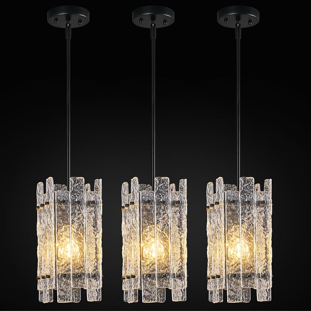 Modern Crystal Pendant Lighting Black Mini Pendant Lights Rectangle Glass Chandeliers, Adjustable Pendant Light Fixture for Kitchen Island Bedroom Living Room Dining Room Corridor(3Pack)