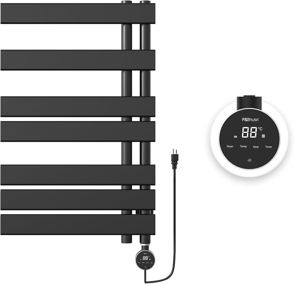 P&Bhursri Electric Towel Warmer, Heated Towel Rack with Touch Panel, 4 Models and Timer & Temperature Multi-Level Adjustments, Flat 8 Bar Towel Warmer, Plug-in, Matte Black