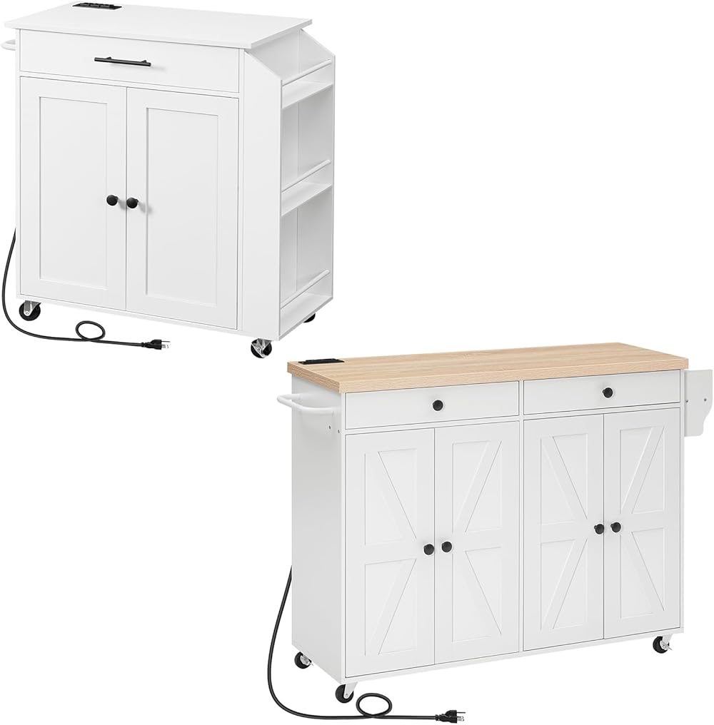 HOOBRO Kitchen Island with Power Outlet, Kitchen Storage Island with Spice Rack and Drawer, Rolling Kitchen Cart on Wheels WT82UZD01G1-WN11UZD01