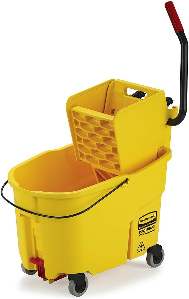 Rubbermaid Commercial WaveBrake 2.0® 44 QT Side-Press Mop Bucket and Wringer with Foot Drain, Yellow (FG618688YEL)