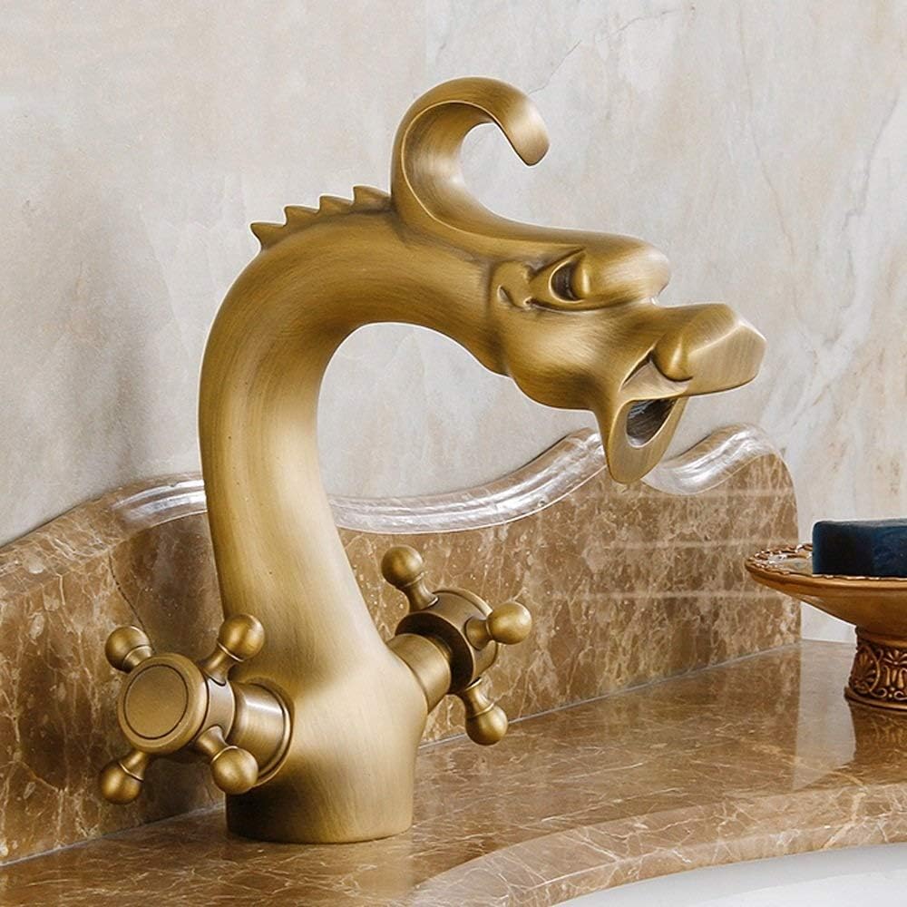 Faucet - Copper Retro Basin Faucet Double European-Style Hot and Cold Stage Upper and Lower Basins Heighten Dragon-Shaped Art Basin (Size : D)