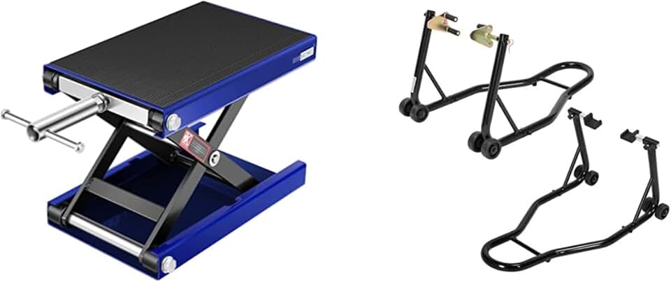 VIVOHOME Steel Motorcycle ATV Wide Deck Scissor Lift Jack Crank Hoist Stand 1100 lbs Blue with SPECSTAR Heavy Duty Motorcycle Front Rear Wheels Lift Universal Sport Bike Swingarm Spool Paddock Stand
