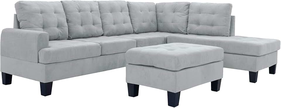 Casa Andrea Milano LLC 3 Piece Modern Reversible Sectional Sofa Couch with Chaise and Ottoman, Large, Grey