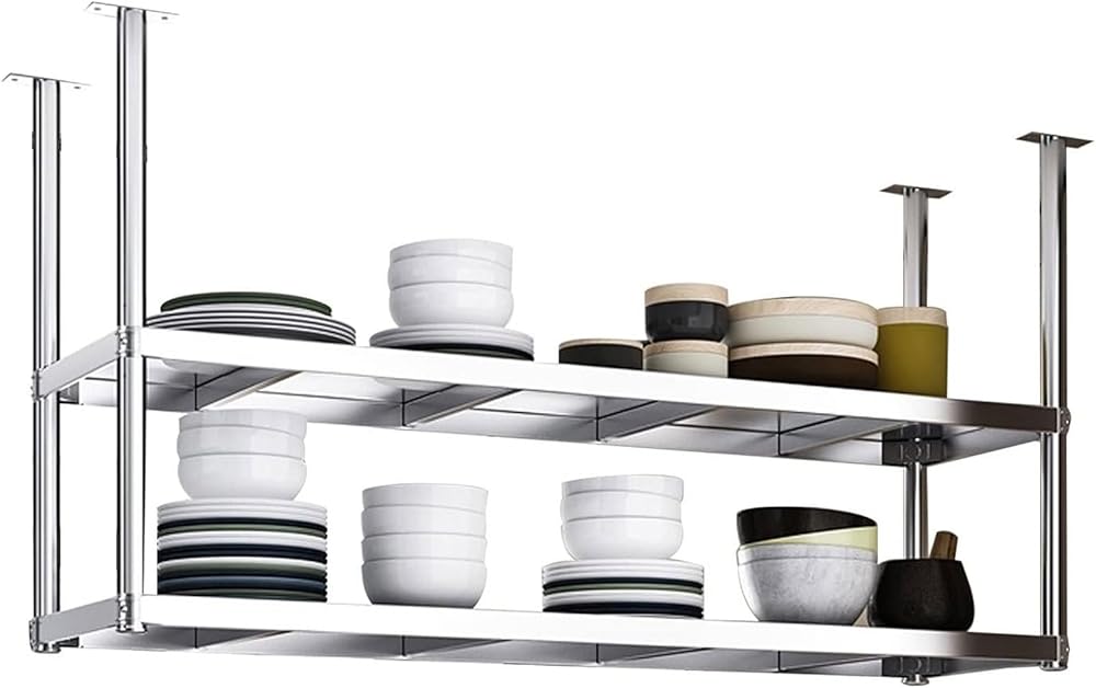 Kitchen Hanging Shelf 2 Tier European Ceiling Frame Storage Racks Microwave Oven Pots and Pans Utensil Holder Organization Wall Shelf for Home Restaurants Bars (Size : 120x35x80cm)