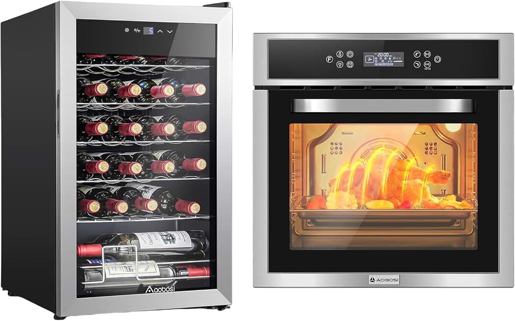 AAOBOSI Wall Oven 24 Inch Single Wall Oven, 2.5 Cu.Ft Electric Built-in Convection Oven LED Digital Display, Wine Fridge, 24 Bottle Wine Cooler 46-66℉ Beverage Wine Refrigerator Glass Door